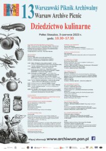 Plakat na XIII Warszawski Piknik Archiwalny, z motywami kulinarnymi