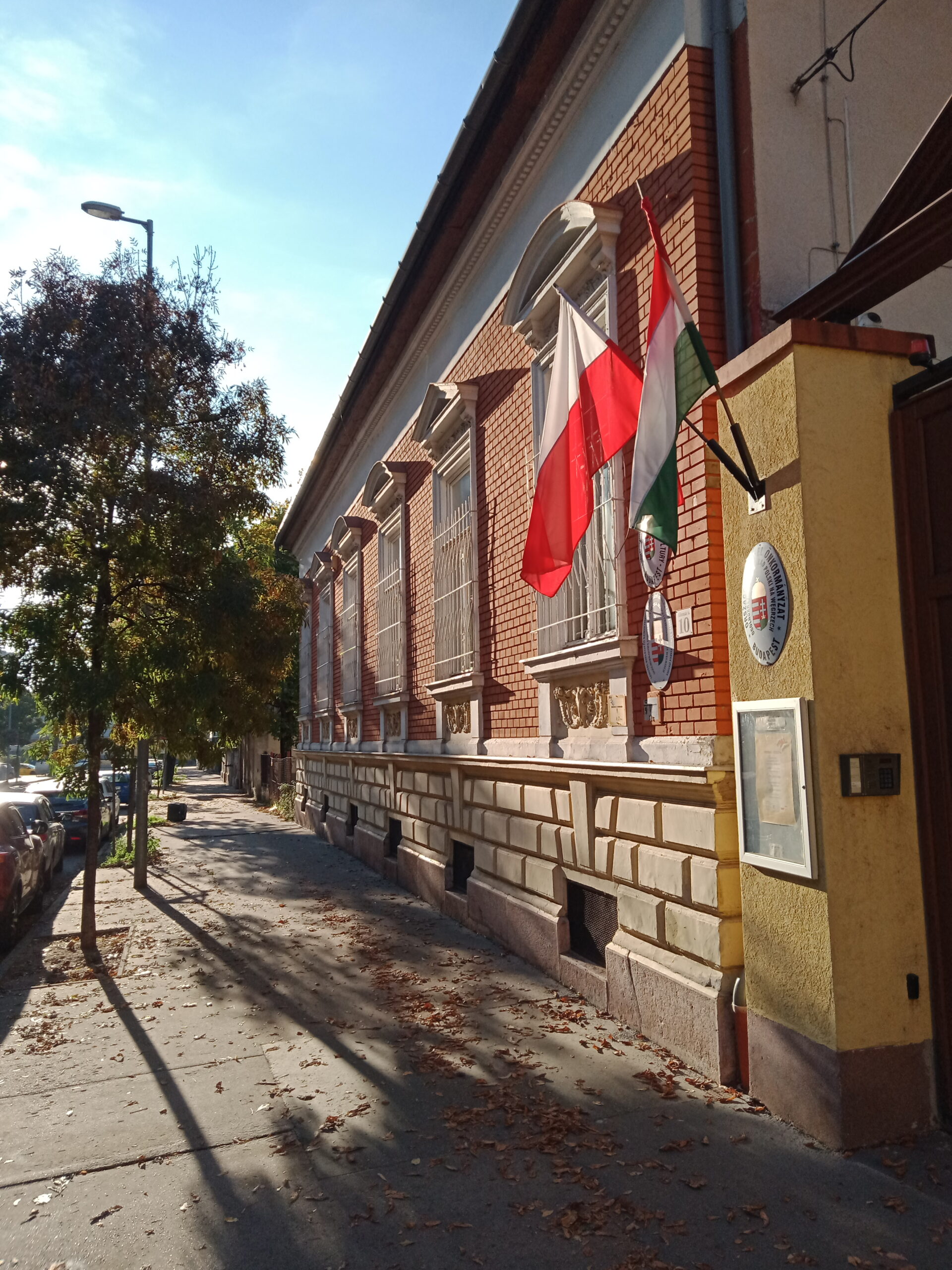 Kolorowa fotografia budynku z flagą biało-czerwoną i flagą biało-czerwona-zieloną. Widoczny chodnik i samochody.