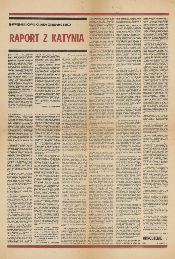 Karta z tekstem drukowanym w języku polskim i czerwonym napisem "Raport z Katynia"