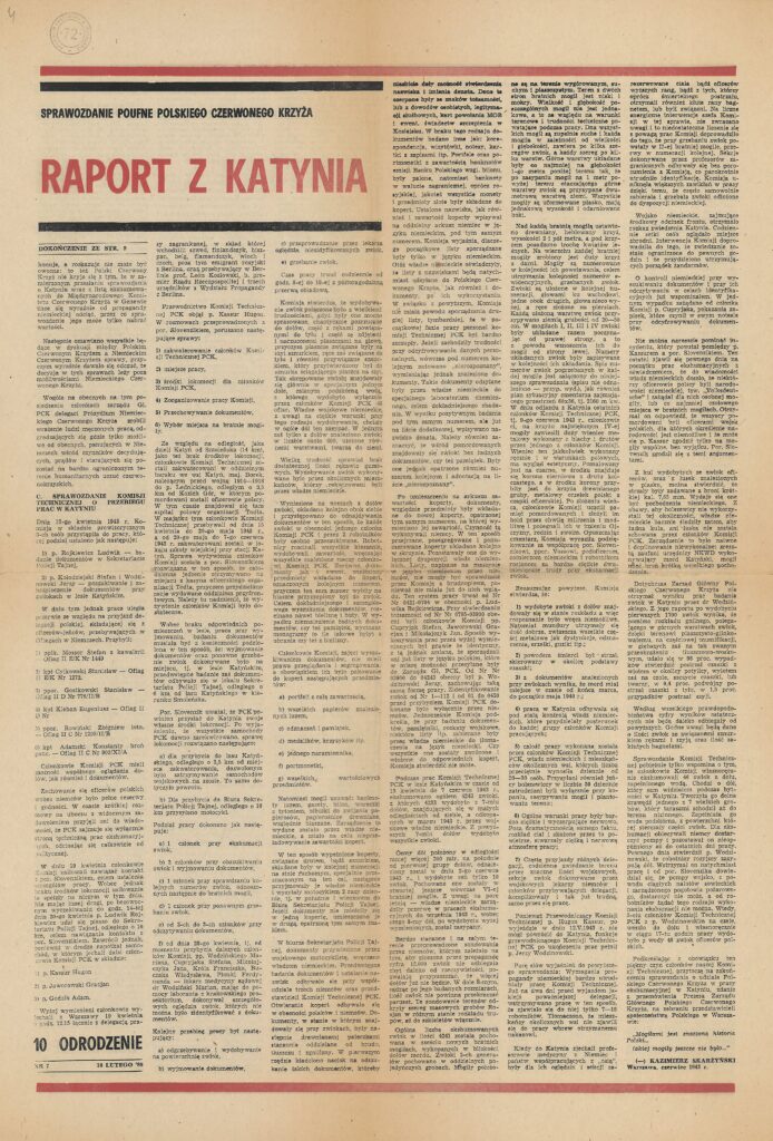 Karta z tekstem drukowanym w języku polskim i czerwonym napisem "Raport z Katynia"