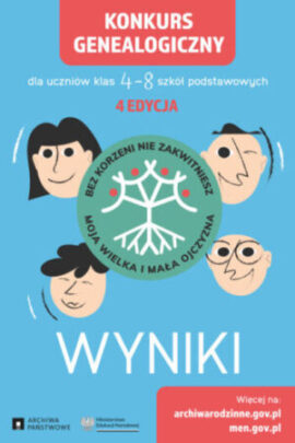 Plakat kolorowy - czerwono-niebieski. Na plakacie cztery narysowane twarze dziecięce dookoła zielonego koła z białym symbolem korzeni w środku.