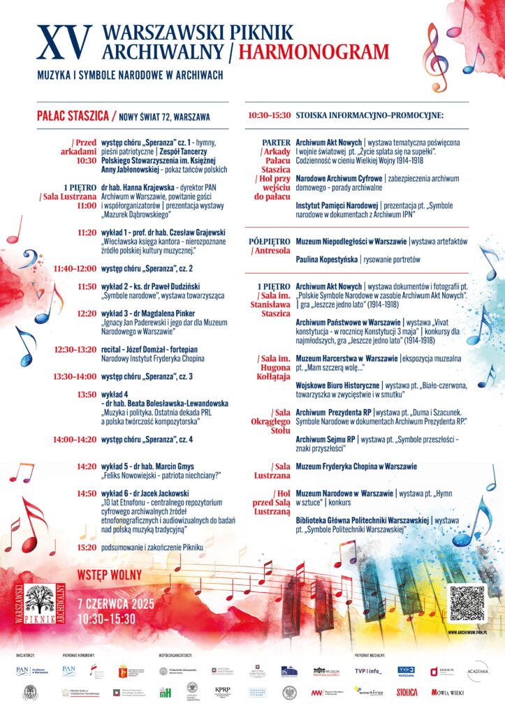 Kolorowy poster z nutami, klawiszami, logo różnych instytucji oraz białymi i niebieskimi napisami. Poster w pozycji pionowej.