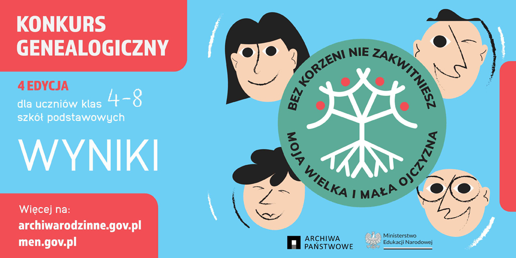 Plakat kolorowy - czerwono-niebieski. Na plakacie cztery narysowane twarze dziecięce dookoła zielonego koła z białym symbolem korzeni w środku.
