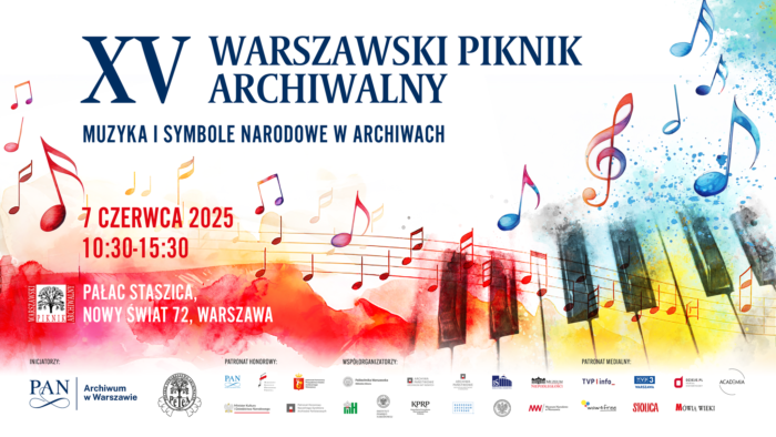 Kolorowy poster z nutami, klawiszami, logo różnych instytucji oraz białymi i niebieskimi napisami. Poster w pozycji poziomej.