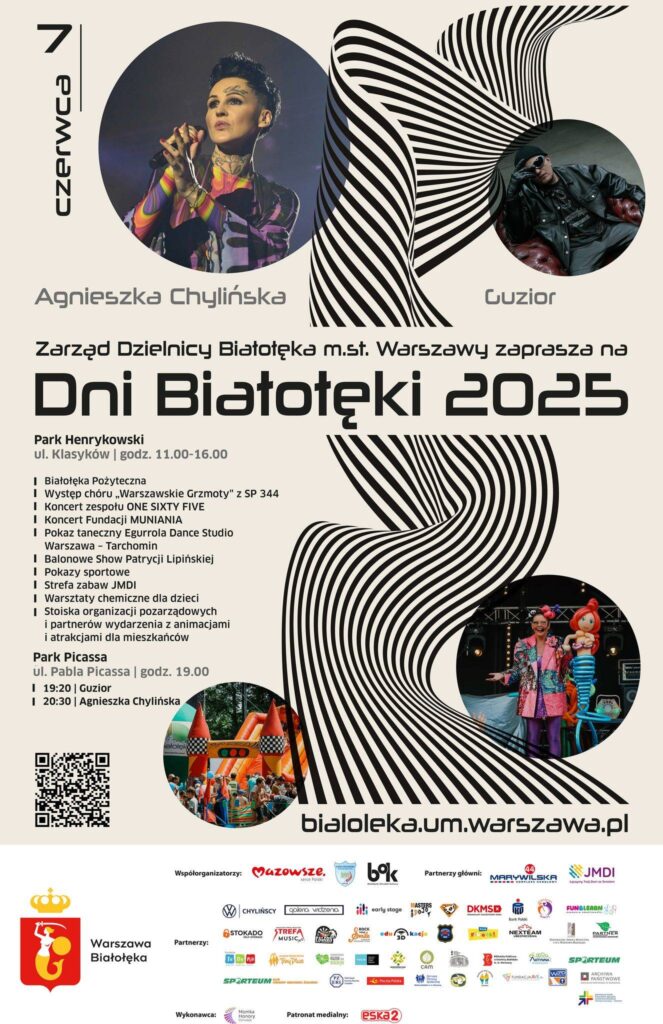 Plakat z tekstem w języku polskim, logotypami instytucji i fotografiami artystów i atrakcji