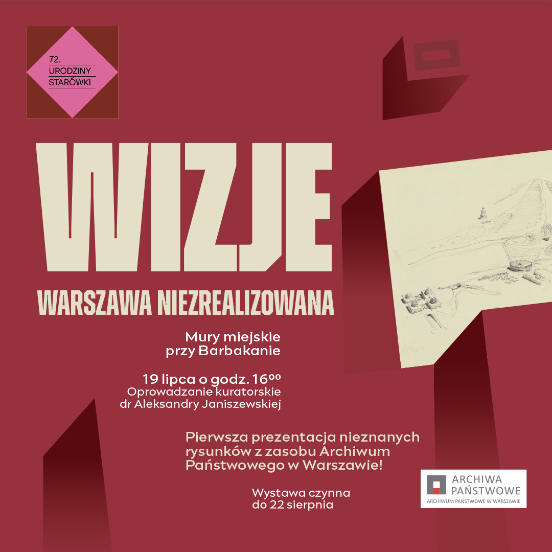 Na ilustracji widać fragment projektu architektonicznego na czerwonym tle i tekst w języku polskim oraz czerwony kwadrat z różowym kwadratem w środku i logotyp Archiwum Państwowego w Warszawie.
