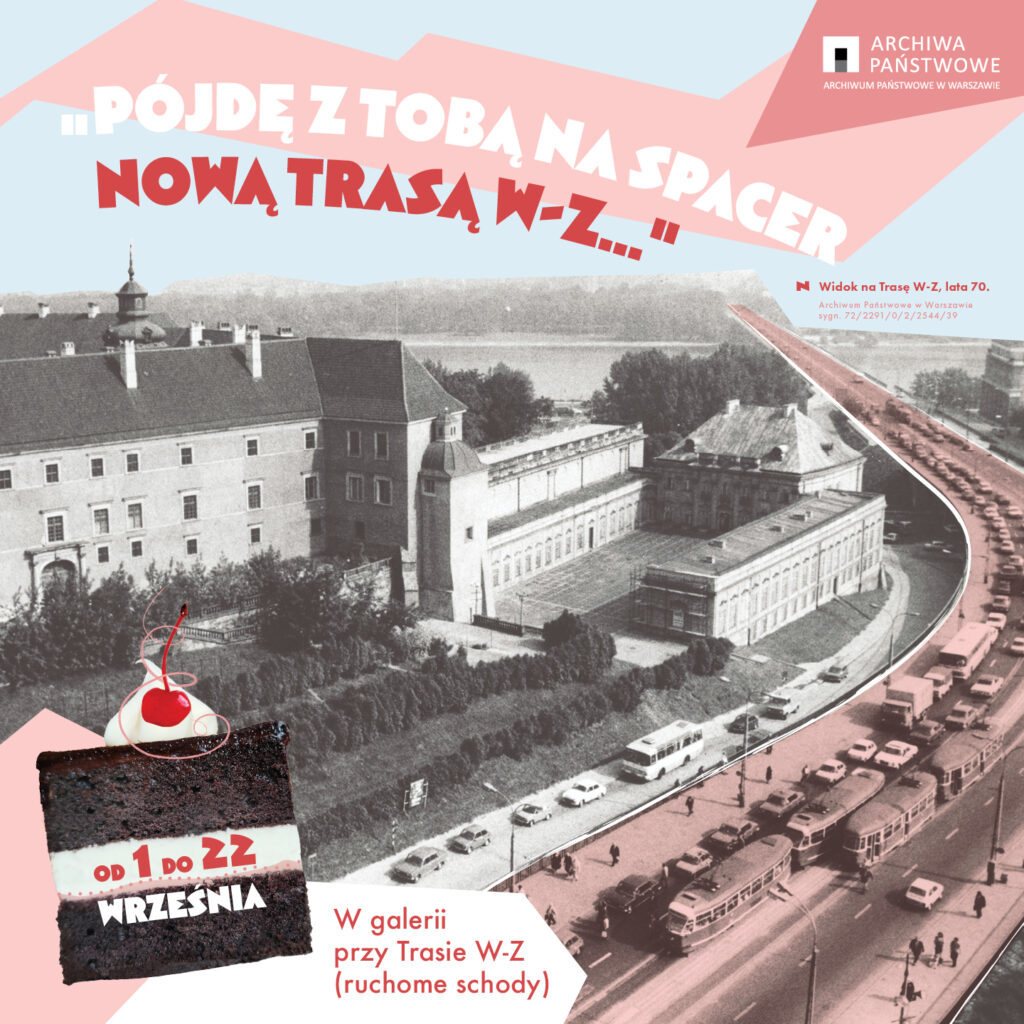 Na ilustracji widać czarno-białą fotografię ukazującą ruchliwą ulicę z samochodami i budynki w tle oraz ciastko i napisy w języku polskim w kolorach białym i czerwonym.