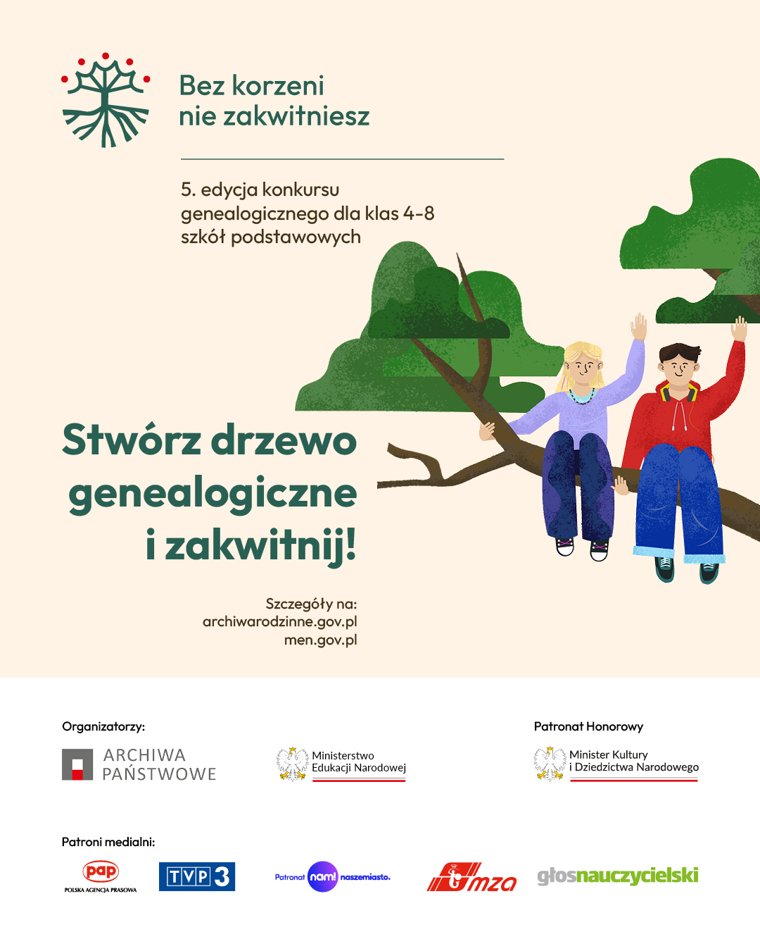 Na plakacie widać chłopca i dziewczynę siedzących na drzewie, obok tekst w języku polskim, u dołu logotypy instytucji.