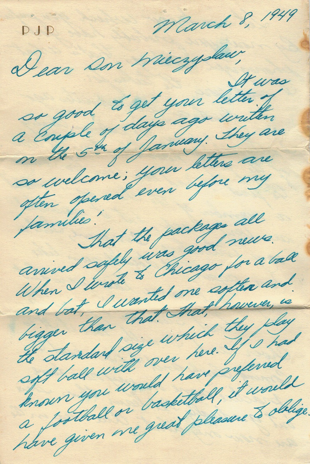 Listy Philipa Petersena do „przybranego syna” Mieczysława Barana z 8 marca 1949 r., Dar Marka Telera, Archiwum Państwowe w Warszawie, sygn. 72/3882/0/23/1578. Karta z tekstem pisanym niebieskim długopisem w języku angielskim.