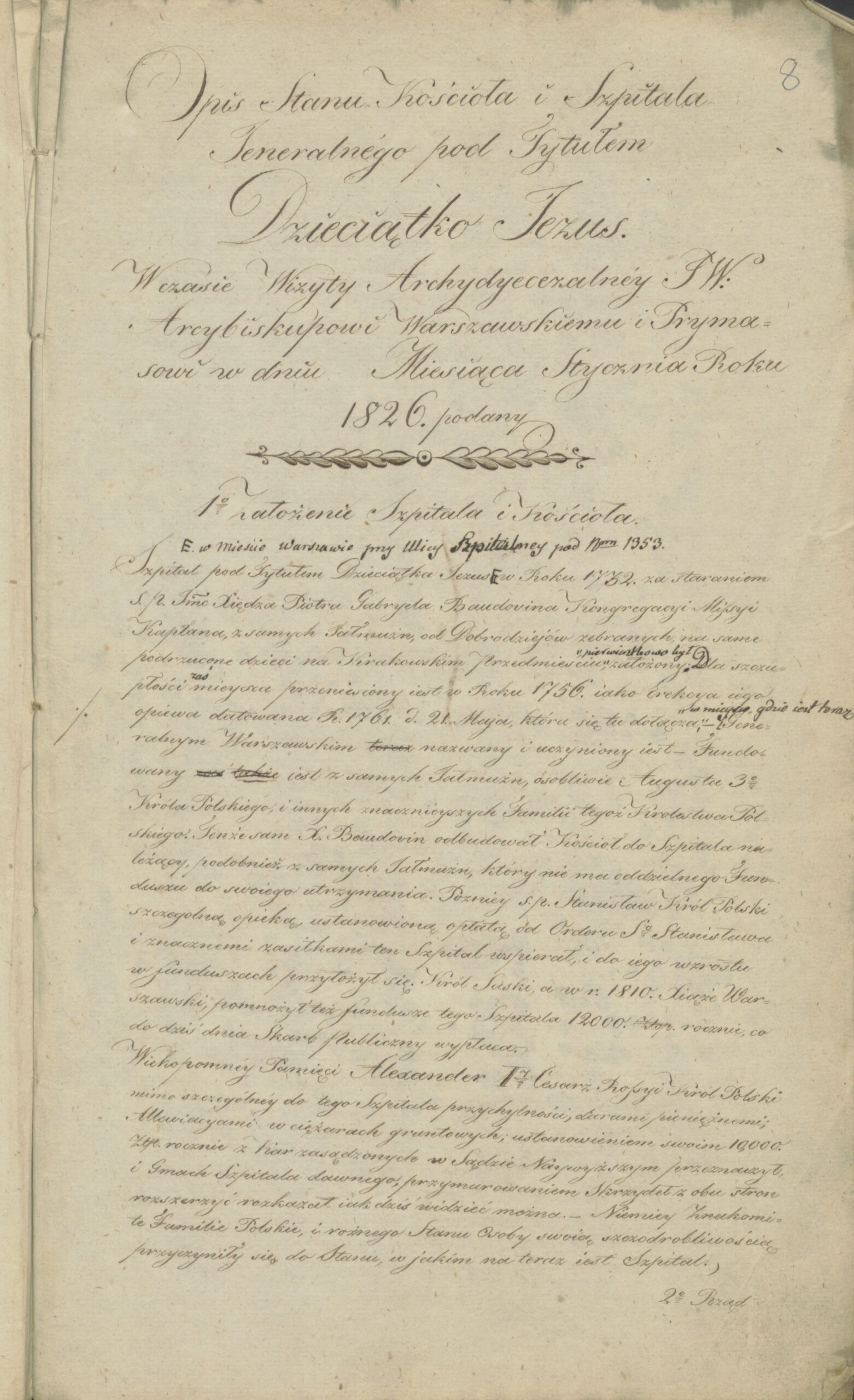 Opis stanu kościoła i szpitala generalnego Dzieciątka Jezus ze stycznia 1826 r., Dar Marii Kaczorowskiej-Kamińskiej, Archiwum Państwowe w Warszawie, sygn. 72/3882/0/31/1690/8. Dokument z tekstem odręcznym w języku polskim.