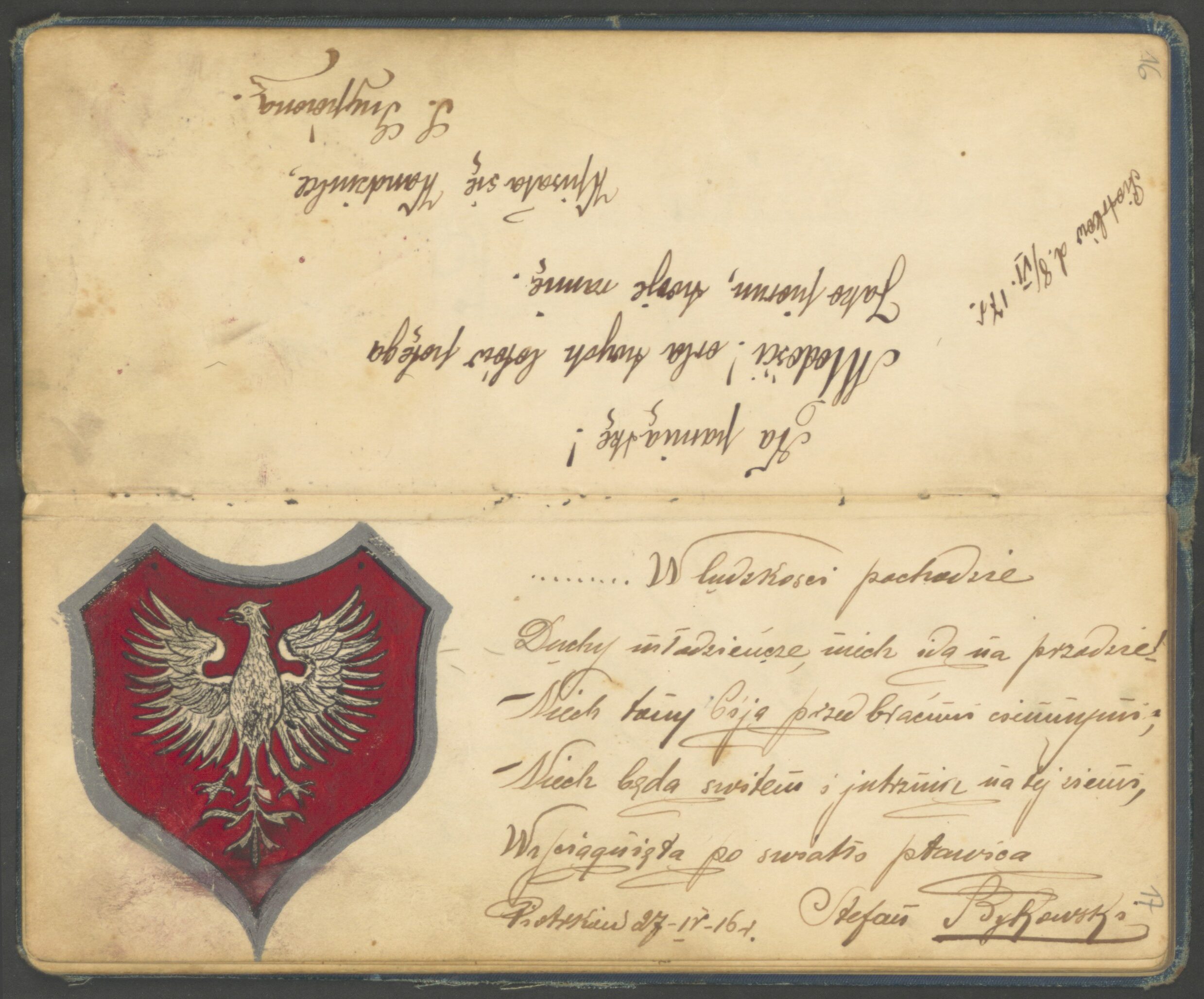 Pamiętnik Wandy Kwiatkowskiej z domu Bykowskiej herbu Gryf z lat 1916–1917, Dar Haliny Romańskiej, Archiwum Państwowe w Warszawie, sygn. 72/3882/0/26/1641. Rozłożona książeczka z odręcznym tekstem w języku polskim i rysunkiem ukazującym czerwoną tarczę z orłem i szarą obwódką wokół.