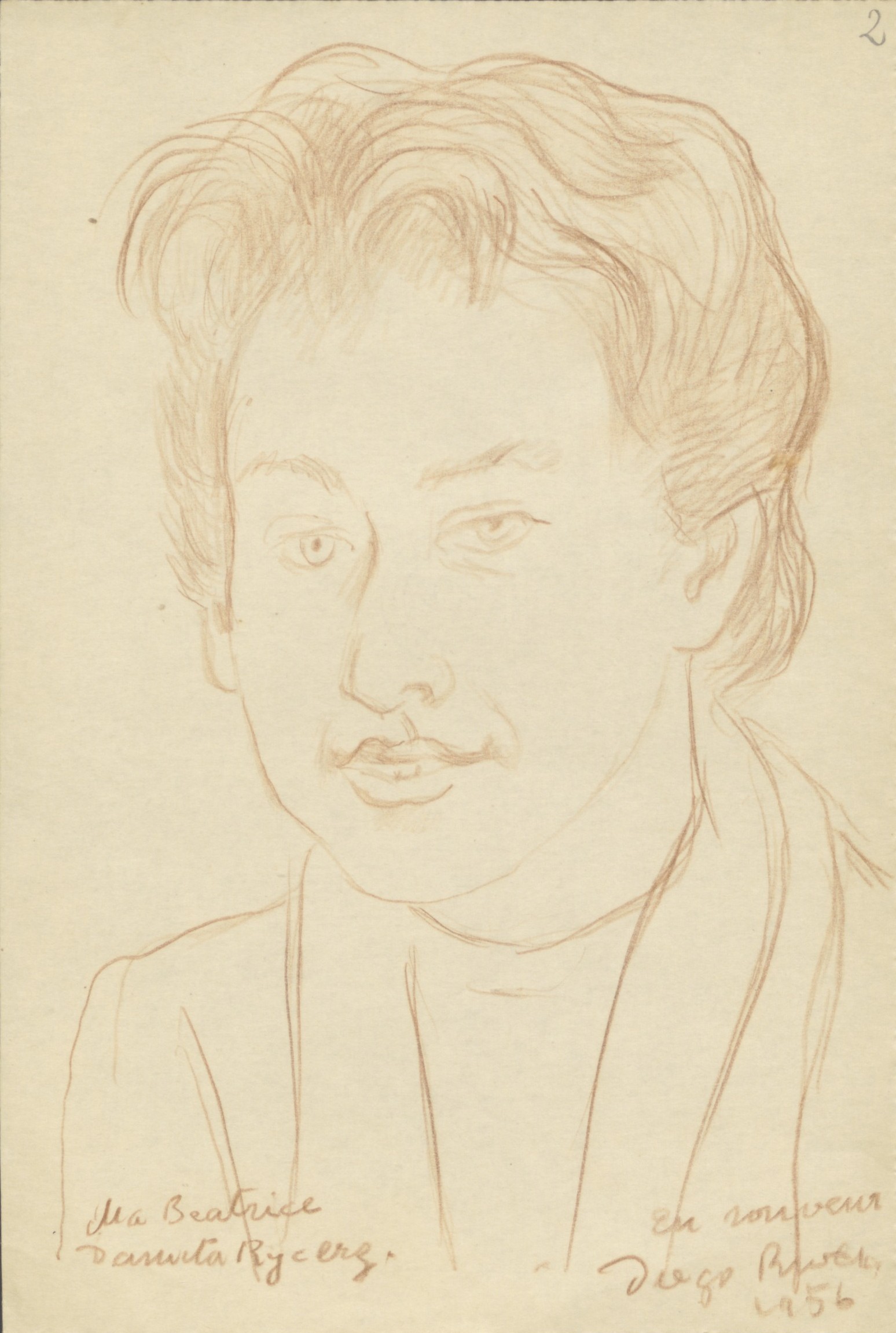 Rysunek przedstawiający Danutę Rycerz autorstwa Diega Rivery, 1956 r., Dar Wojciecha Rycerza, Archiwum Państwowe w Warszawie, sygn. 72/3882/0/28/1647 Rysunek ołówkiem ukazujący twarz kobiety, u dołu tekst ołówkiem w języku francuskim
