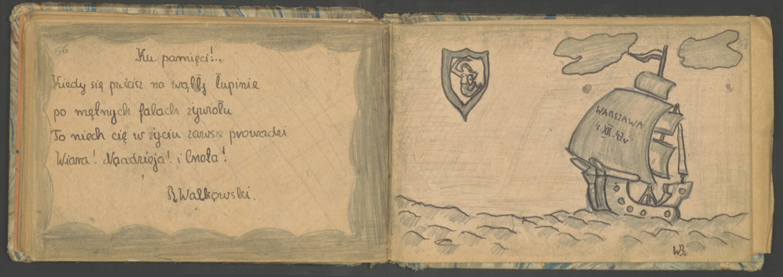 Pamiętnik Haliny Romańskiej z domu Kwiatkowskiej herbu Jaxa z lat 1947–1951, Dar Haliny Romańskiej, Archiwum Państwowe w Warszawie, sygn. 72/3882/0/26/1642. Rozłożona książeczka z tekstem odręcznym w języku polskim po jednej stronie, a po drugiej statkiem na wodzie, dwiema chmurami, herbem z syrenką i odręcznym napisem w języku polskim.