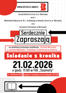 Plakat z czerwonymi, białymi i czarnymi elementami, znakiem otwartej książki, czerwonym znakiem z zarysem syrenki z tarczą oraz tekstem w języku polskim.