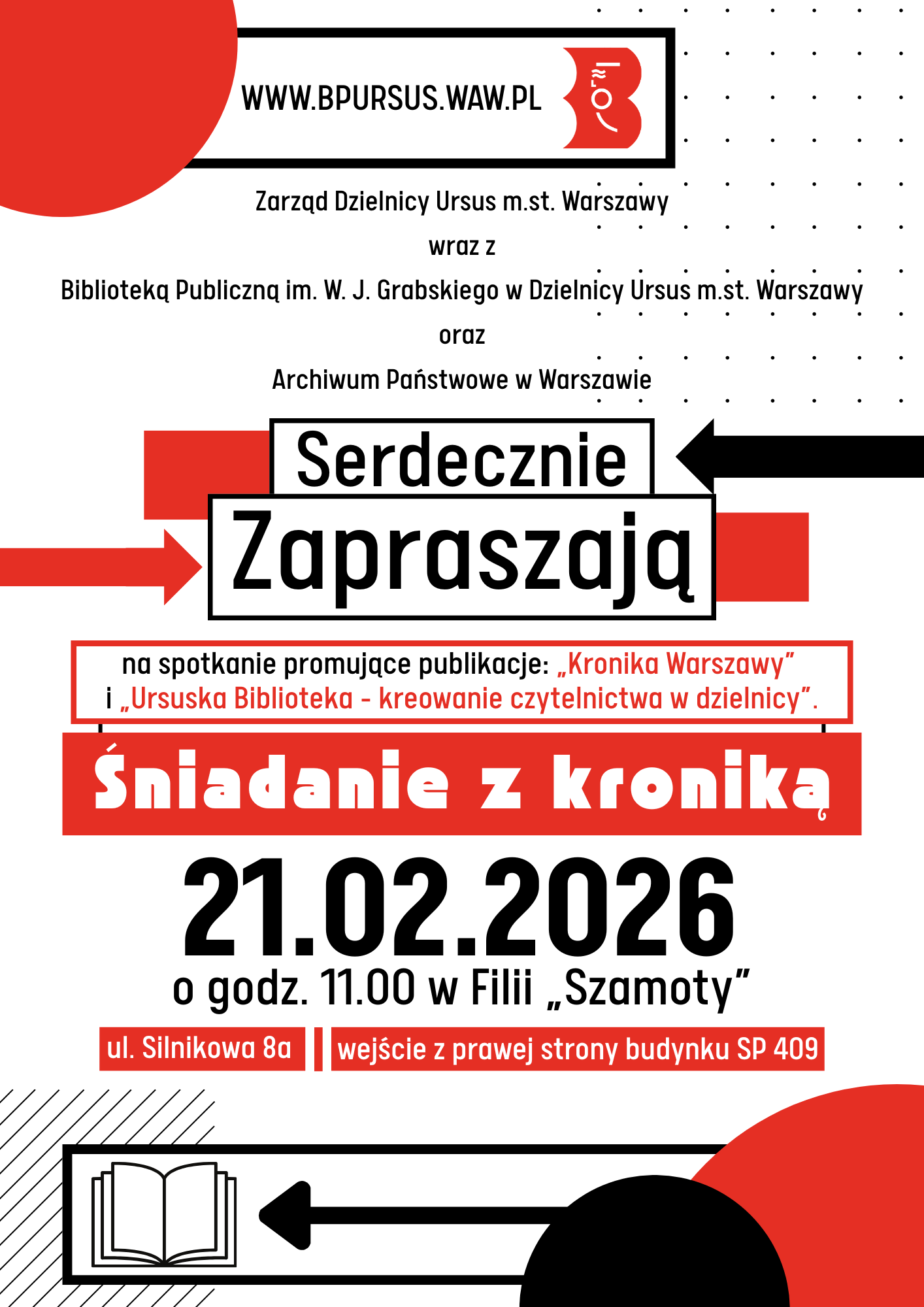 Plakat z czerwonymi, białymi i czarnymi elementami, znakiem otwartej książki, czerwonym znakiem z zarysem syrenki z tarczą oraz tekstem w języku polskim.