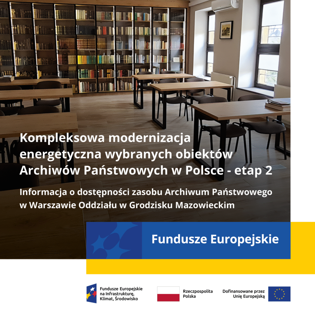 Na ilustracji widać kolorowe zdjęcie ukazujące ławki i krzesła, a w tle okna, regały z książkami i ramę z obrazem na ścianie, na nim tekst z języku polskim, poniżej tekst z języku polskim na niebiesko-żółtym tle oraz logotyp Funduszów Europejskich na Infrastrukturę, Klimat, Środowisko i flagi Polski i Unii Europejskiej.