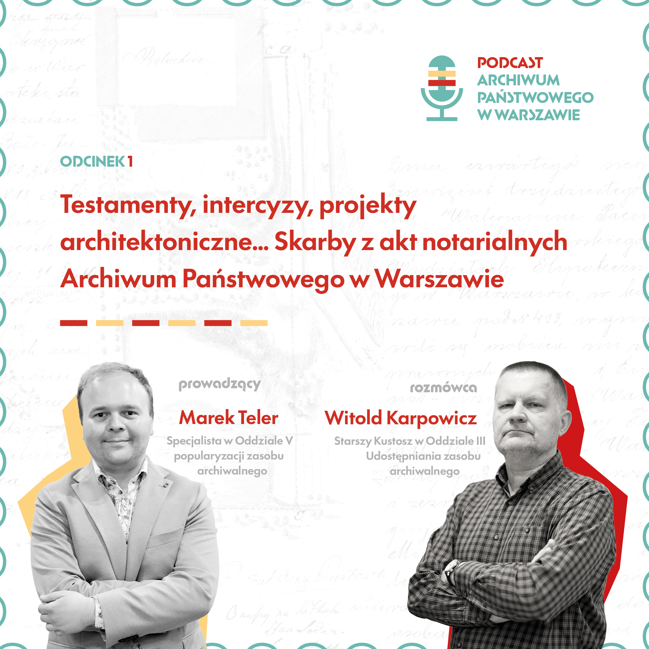 Na ilustracji widać dwóch mężczyzn na czarno-białych fotografiach, jednego w garniturze, drugiego w koszuli, w prawym górnym rogu widać napis w języku polskim i logo mikrofonu, na środku napis w języku polskim.