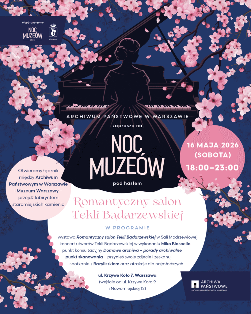 Na plakacie widać zarys młodej kobiety grającej na fortepianie na granatowym tle, wokół niej kwiat wiśni, pod spodem białe, jasnoróżowe i ciemnoróżowe kółka z tekstami w języku polskim