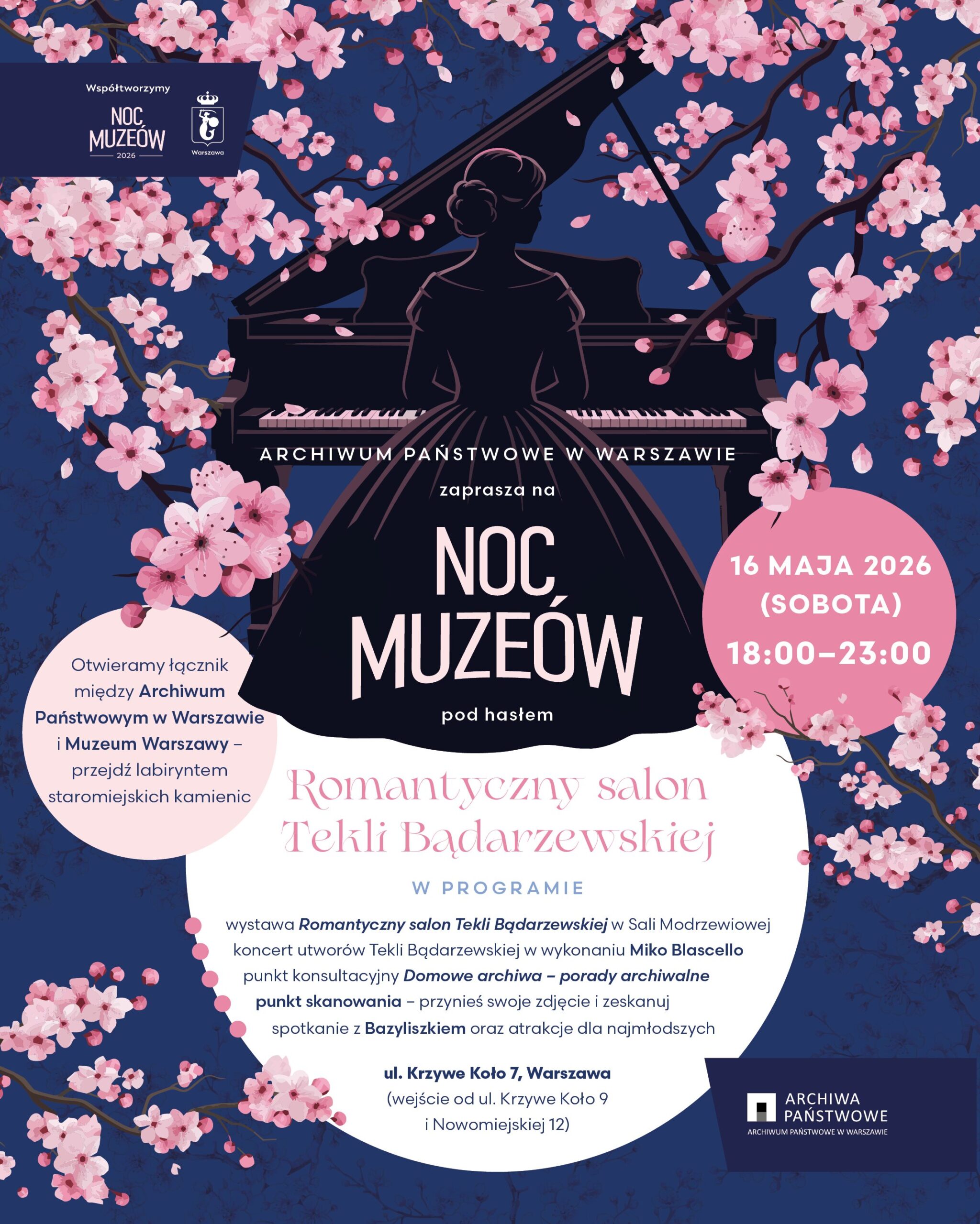 Na plakacie widać zarys młodej kobiety grającej na fortepianie na granatowym tle, wokół niej kwiat wiśni, pod spodem białe, jasnoróżowe i ciemnoróżowe kółka z tekstami w języku polskim.