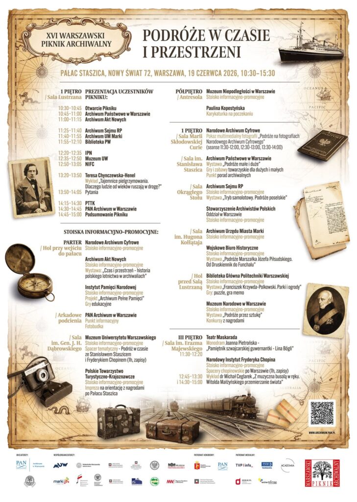 Plakat w kolorze bieli i sepii z tekstem w języku polskim i logotypami instytucji oraz zdjęciami Fryderyka Chopina, Stanisława Staszica, aparatu fotograficznego, paszportu, kompasu, dokumentów i dworca kolejowego, jak również mapą w tle i kodem QR w prawym dolnym rogu.