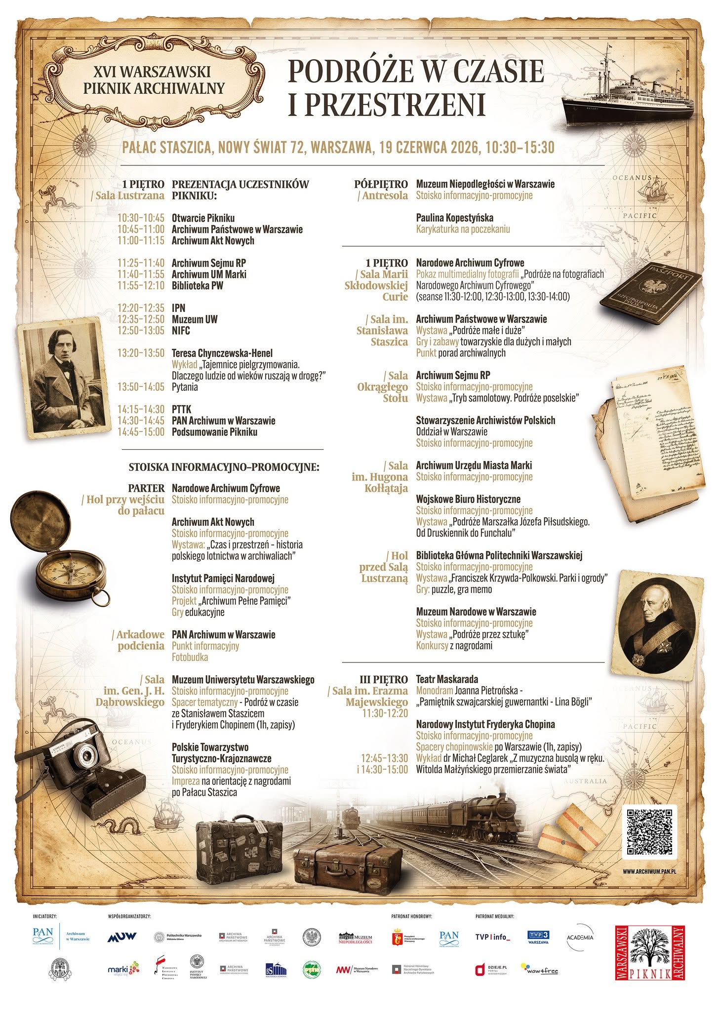Plakat w kolorze bieli i sepii z tekstem w języku polskim i logotypami instytucji oraz zdjęciami Fryderyka Chopina, Stanisława Staszica, aparatu fotograficznego, paszportu, kompasu, dokumentów i dworca kolejowego, jak również mapą w tle i kodem QR w prawym dolnym rogu.