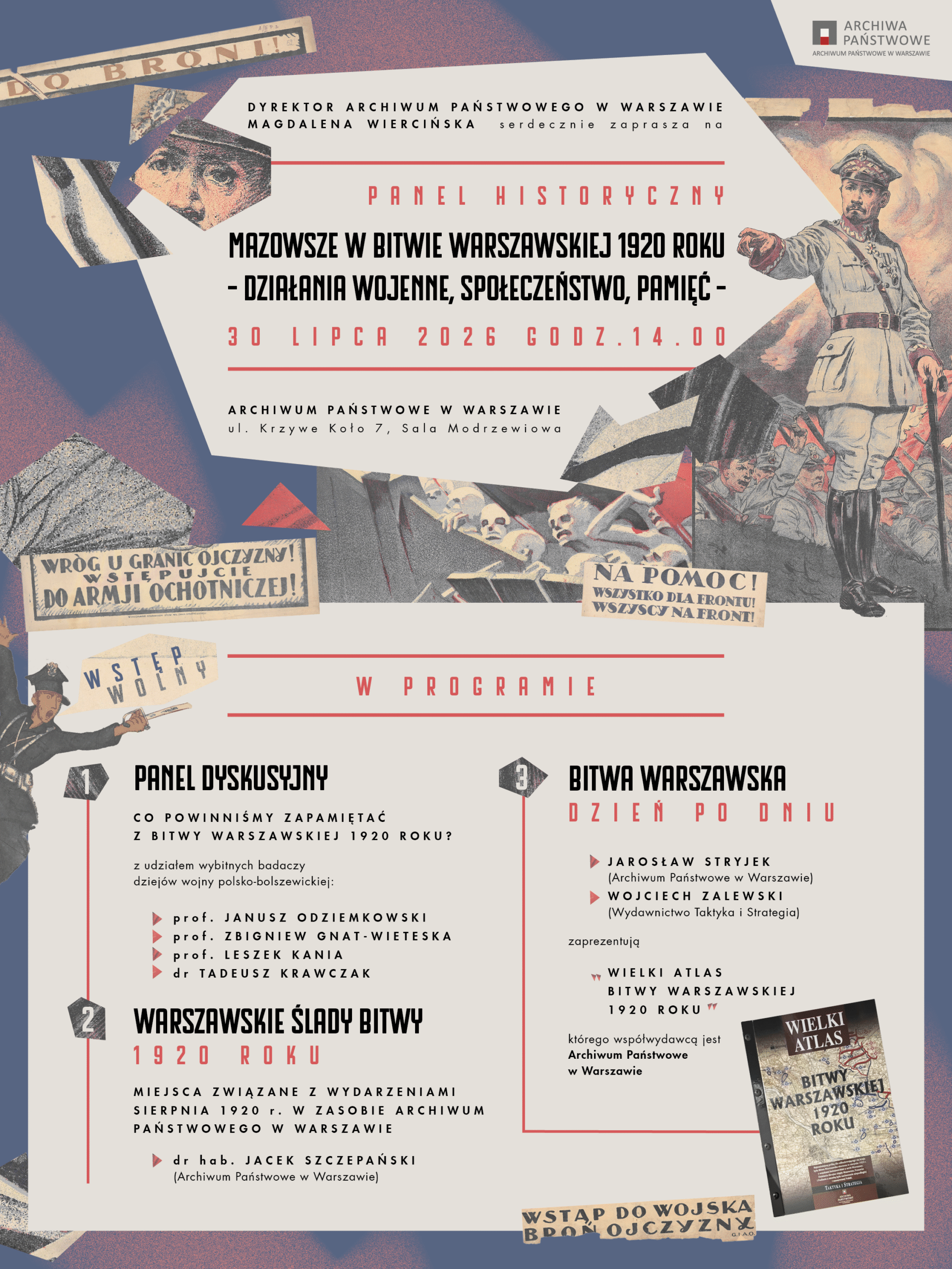 Na ilustracji widać fragment plakatu z mężczyzną w mundurze wskazującym na coś palcem i opierającym drugą rękę o laskę, ludzkie kości, krzyczącego mężczyznę w mundurze oraz wycinki prasowe z tekstem w języku polskim, okładkę książki i logotyp Archiwum Państwowego w Warszawie oraz teksty w języku polskim.