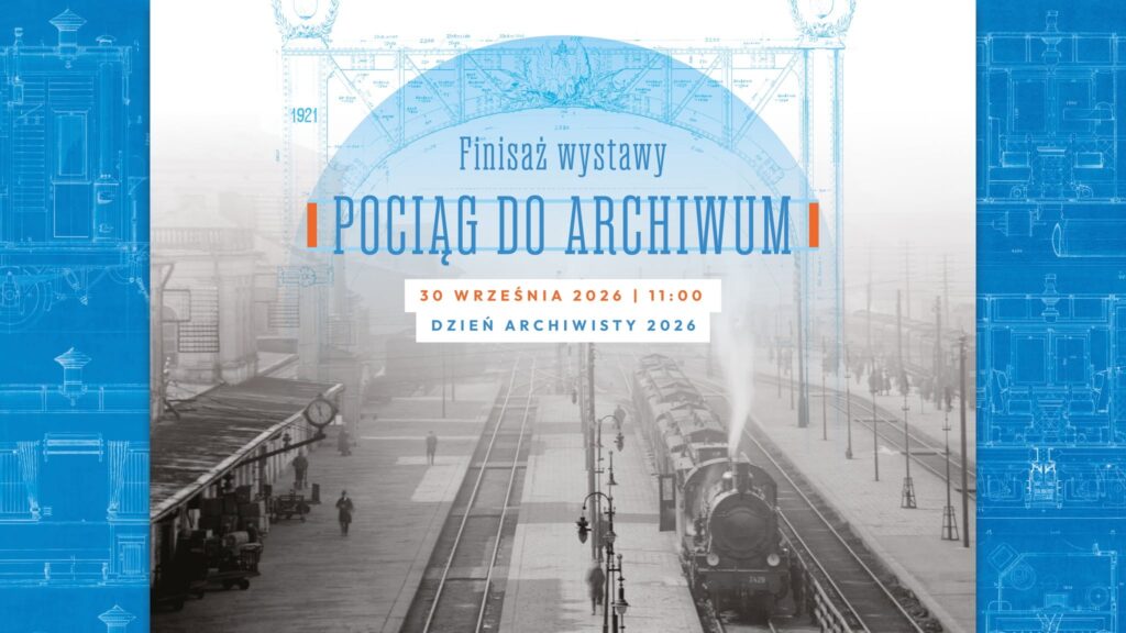 Ilustracja ukazująca czarno-białą fotografię przedstawiającą nadjeżdżający na przystanek kolejowy pociąg oraz ludzi stojących na dworcu, na środku tekst w języku polskim.