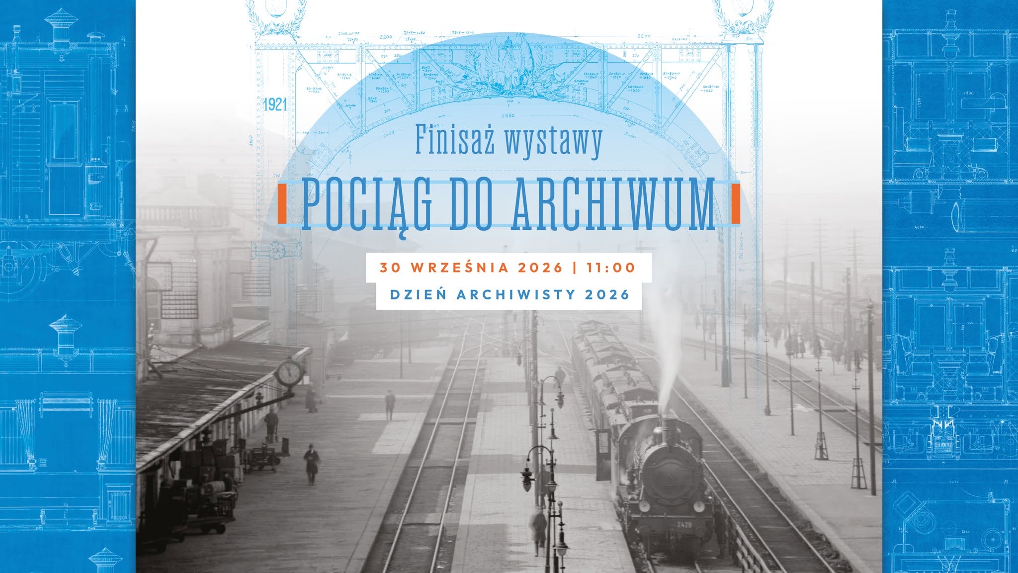 Ilustracja ukazująca czarno-białą fotografię przedstawiającą nadjeżdżający na przystanek kolejowy pociąg oraz ludzi stojących na dworcu, na środku tekst w języku polskim.