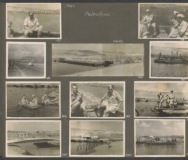 Album Władysława Rakowskiego oraz 3 Batalionu Saperów 3 Dywizji Strzelców Karpackich na Środkowym Wschodzie z lat 1940–1943, Dar Kasi Hamann, Archiwum Państwowe w Warszawie, sygn. 72/3882/0/30/1663. Karta z albumu ukazująca jedenaście czarno-białych zdjęć żołnierzy nad wodą, na karcie widać numery obiektów i odręczne napisy w języku polskim w białym kolorze.