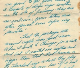 Listy Philipa Petersena do „przybranego syna” Mieczysława Barana z 8 marca 1949 r., Dar Marka Telera, Archiwum Państwowe w Warszawie, sygn. 72/3882/0/23/1578. Karta z tekstem pisanym niebieskim długopisem w języku angielskim.