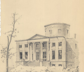 Rysunek przedstawiający pałac Królikarnia po zniszczeniach wojennych, sierpień 1946 r., Dar Jana Markiewicza, Archiwum Państwowe w Warszawie, sygn. 72/4407/0/5/22. Rysunek ołówkiem przedstawiający częściowo zniszczony budynek, przed nim trawy i drzewo prawie pozbawione liści, u dołu napis ołówkiem w języku polskim.