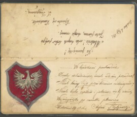 Pamiętnik Wandy Kwiatkowskiej z domu Bykowskiej herbu Gryf z lat 1916–1917, Dar Haliny Romańskiej, Archiwum Państwowe w Warszawie, sygn. 72/3882/0/26/1641. Rozłożona książeczka z odręcznym tekstem w języku polskim i rysunkiem ukazującym czerwoną tarczę z orłem i szarą obwódką wokół.