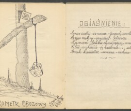 Dzienniczek druha o pseudonimie „Samotny Lis” z Jubileuszowego Zlotu Związku Harcerstwa Polskiego w Spale 11-24 lipca 1935 r., Dar Włodzimierza Badetki, Archiwum Państwowe w Warszawie, sygn. 72/3882/0/32/1692. Rozłożona książeczka z tekstem odręcznym w języku polskim po jednej stronie, a po drugiej rysunkiem ukazującym wiszący na drzewie sznur z podpisem odręcznym w języku polskim u dołu.