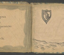 Pamiętnik Haliny Romańskiej z domu Kwiatkowskiej herbu Jaxa z lat 1947–1951, Dar Haliny Romańskiej, Archiwum Państwowe w Warszawie, sygn. 72/3882/0/26/1642. Rozłożona książeczka z tekstem odręcznym w języku polskim po jednej stronie, a po drugiej statkiem na wodzie, dwiema chmurami, herbem z syrenką i odręcznym napisem w języku polskim.